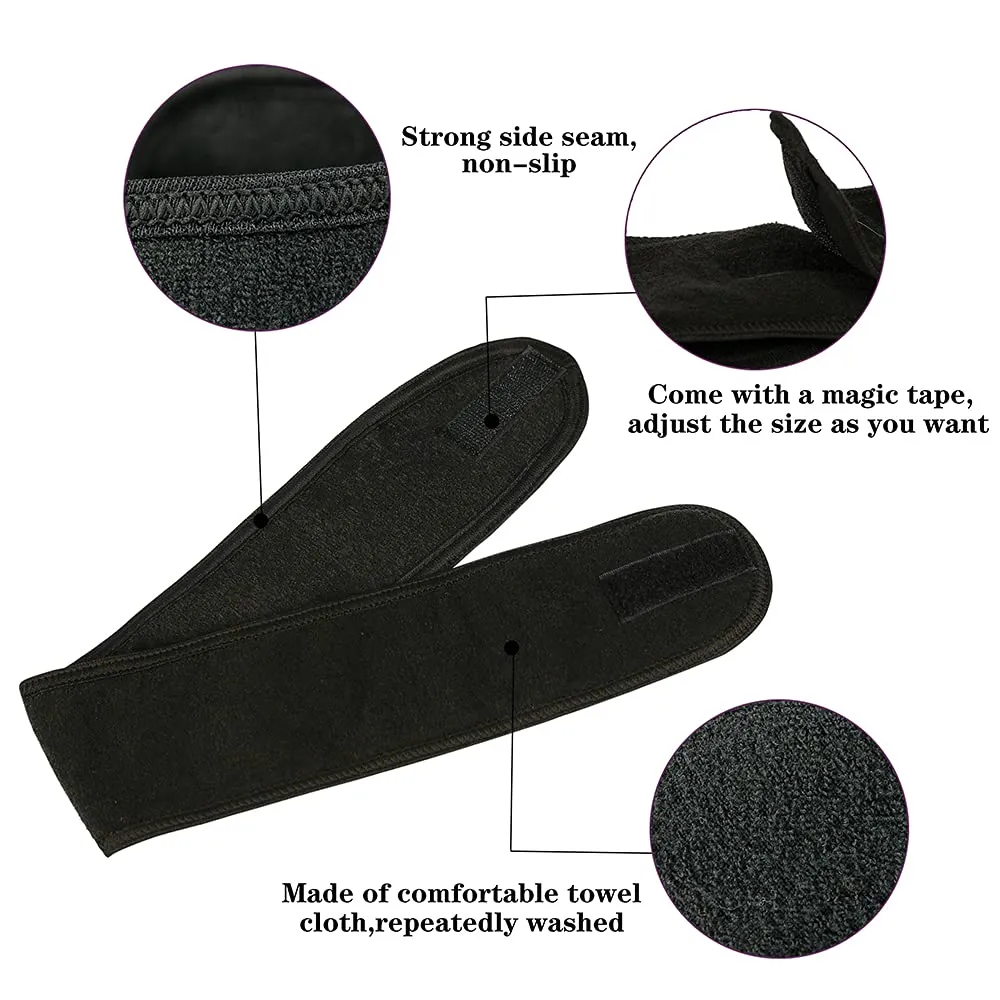 Facial Spa Headbands 4PCS, Makeup Shower Bath Wrap Sport Headband Terry Cloth Stretch Towel with Magic Tape (Black)