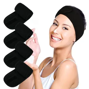 Facial Spa Headbands 4PCS, Makeup Shower Bath Wrap Sport Headband Terry Cloth Stretch Towel with Magic Tape (Black)