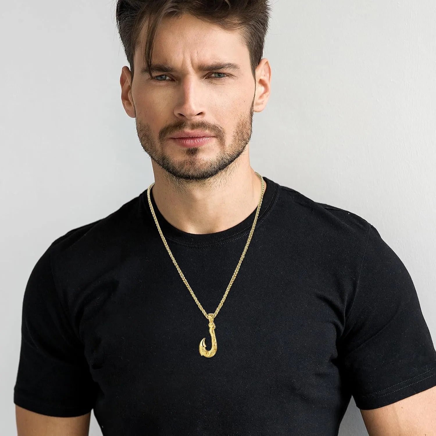 Fish Hook Pendant Necklace for Men: Stainless Steel Hawaiian Fishing Necklace Jewelry Gifts