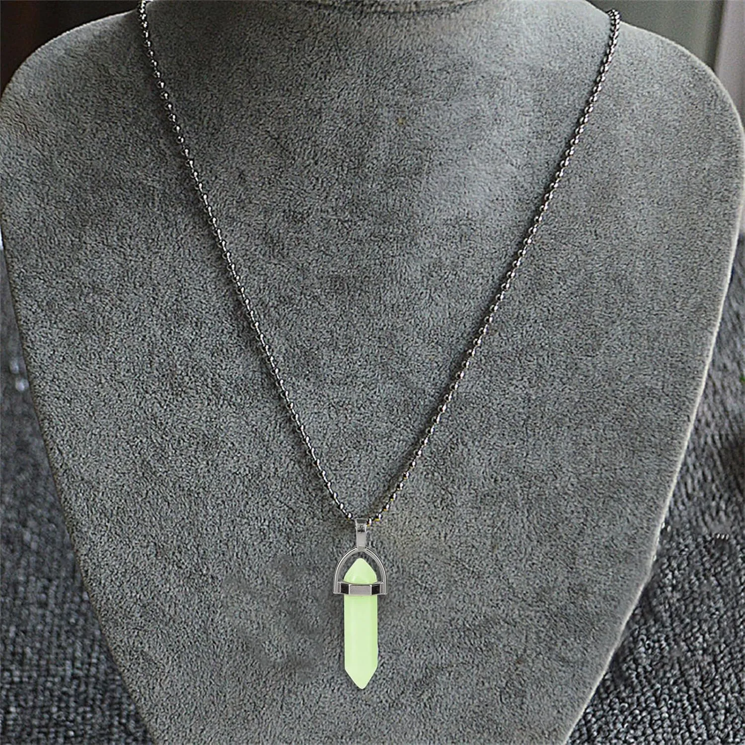 Fluorescent Crystal Necklaces Funny Halloween Luminous Hexagonal Bullet Shape Gemstone for DIY Necklace Glow in The Dark Pendant for Women Men
