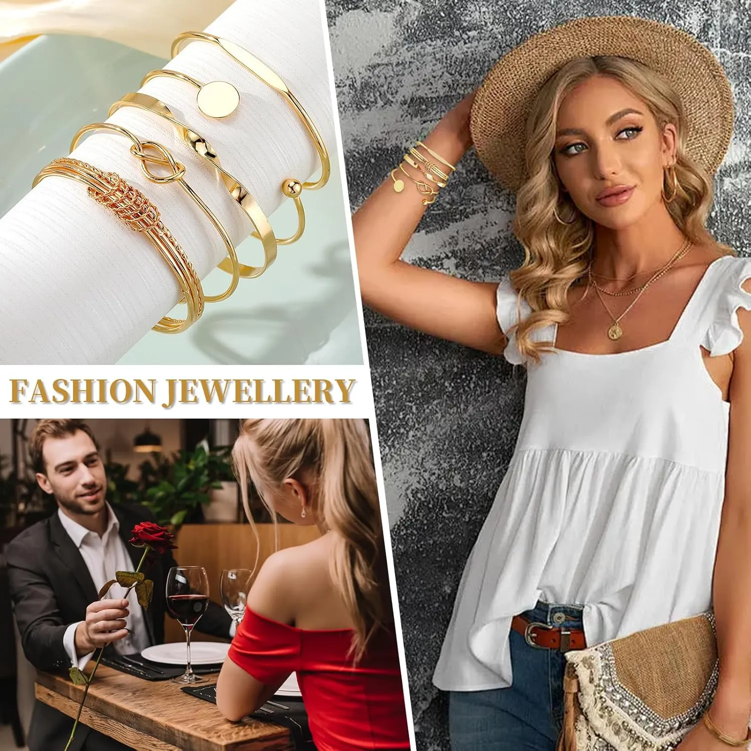 FUNOJOY Gold Bangle Bracelets Set for Women, Multi Layer Stackable Cuff Bracelets, Boho Open Adjustable Bangle Jewelry Gift for Her