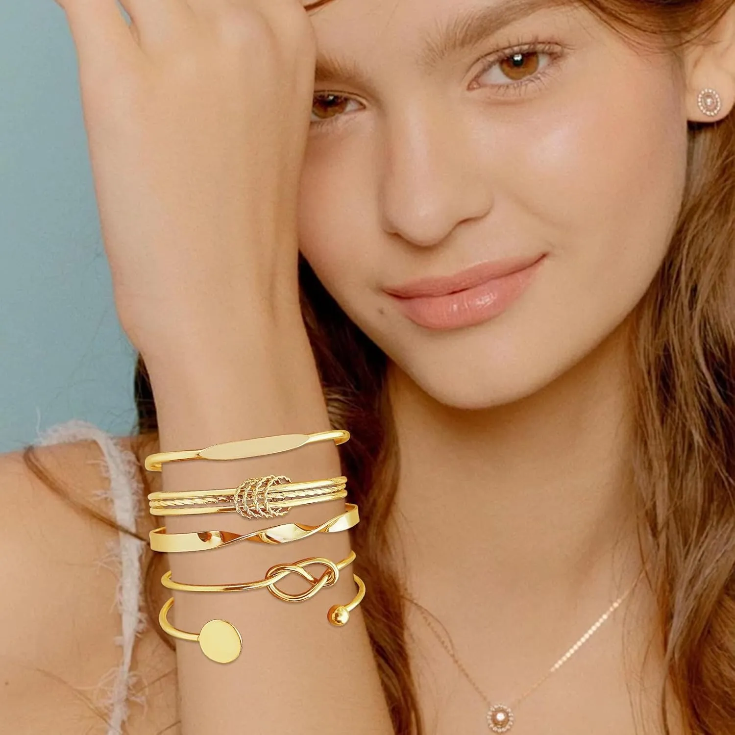 FUNOJOY Gold Bangle Bracelets Set for Women, Multi Layer Stackable Cuff Bracelets, Boho Open Adjustable Bangle Jewelry Gift for Her