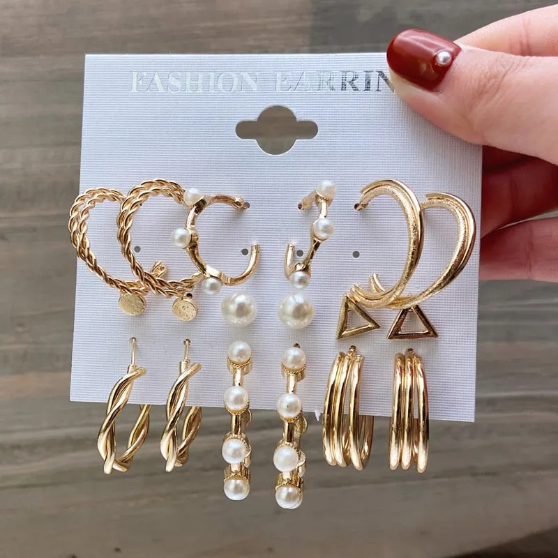 Gold and Pearl Hoop Earrings Set with Trendy Style and High Quality