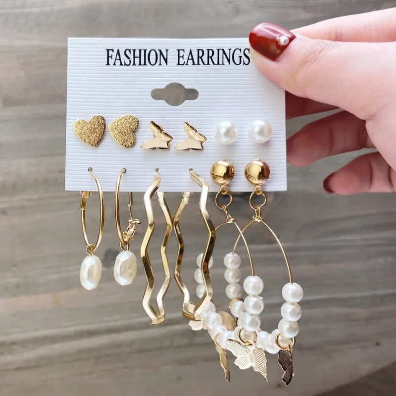 Gold and Pearl Hoop Earrings Set with Trendy Style and High Quality