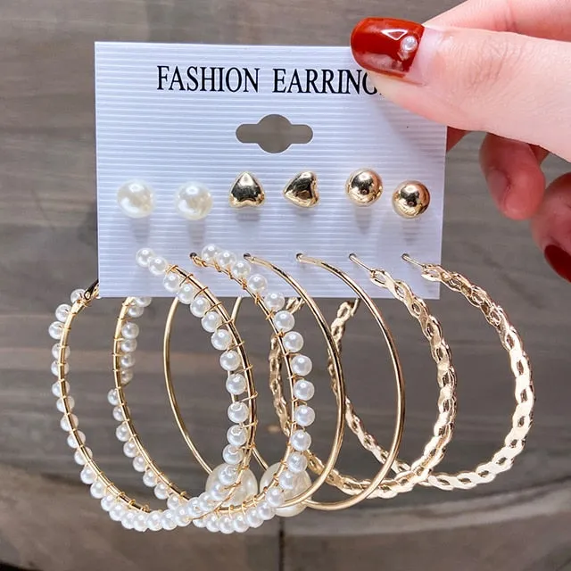 Gold and Pearl Hoop Earrings Set with Trendy Style and High Quality