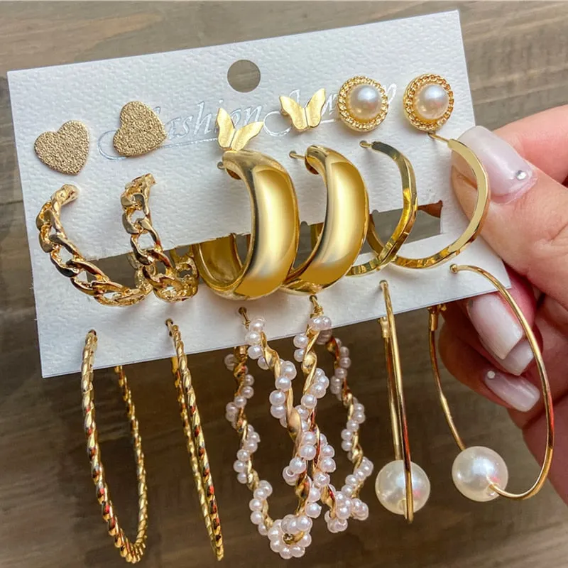 Gold and Pearl Hoop Earrings Set with Trendy Style and High Quality