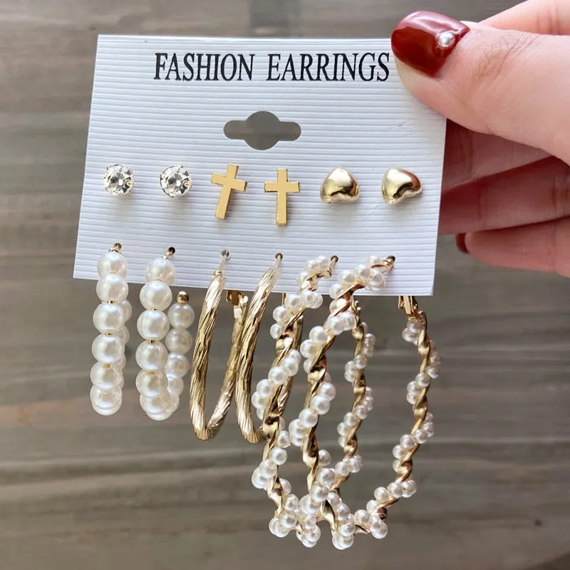 Gold and Pearl Hoop Earrings Set with Trendy Style and High Quality