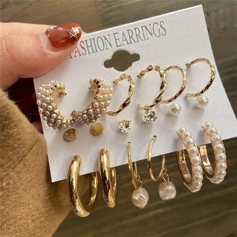 Gold and Pearl Hoop Earrings Set with Trendy Style and High Quality