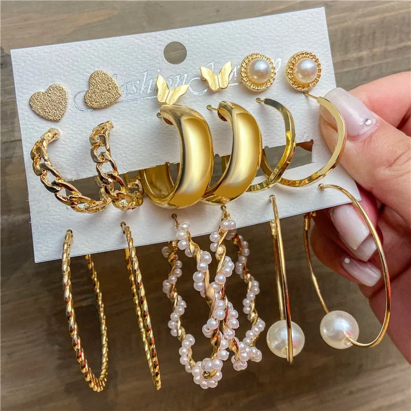 Gold and Pearl Hoop Earrings Set with Trendy Style and High Quality