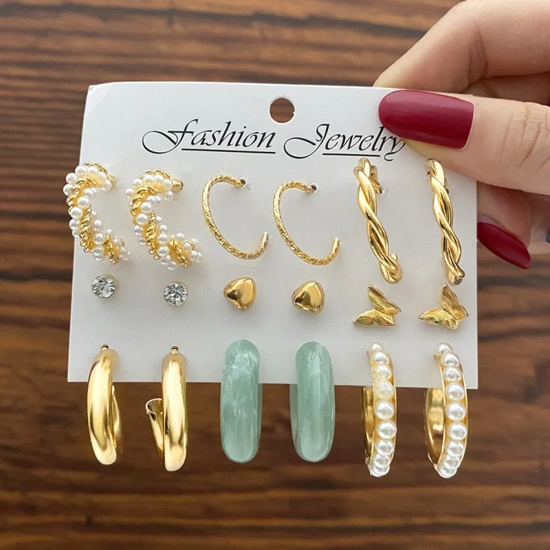 Gold and Pearl Hoop Earrings Set with Trendy Style and High Quality