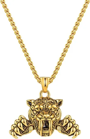 GulCean Tiger Necklace for Men Gold Stainless Steel Cool Punk Stylish Viking Anime Aesthetic Animal Fierce Tiger Head Pendant Necklace Nickel Free Non Tarnish Jewelry