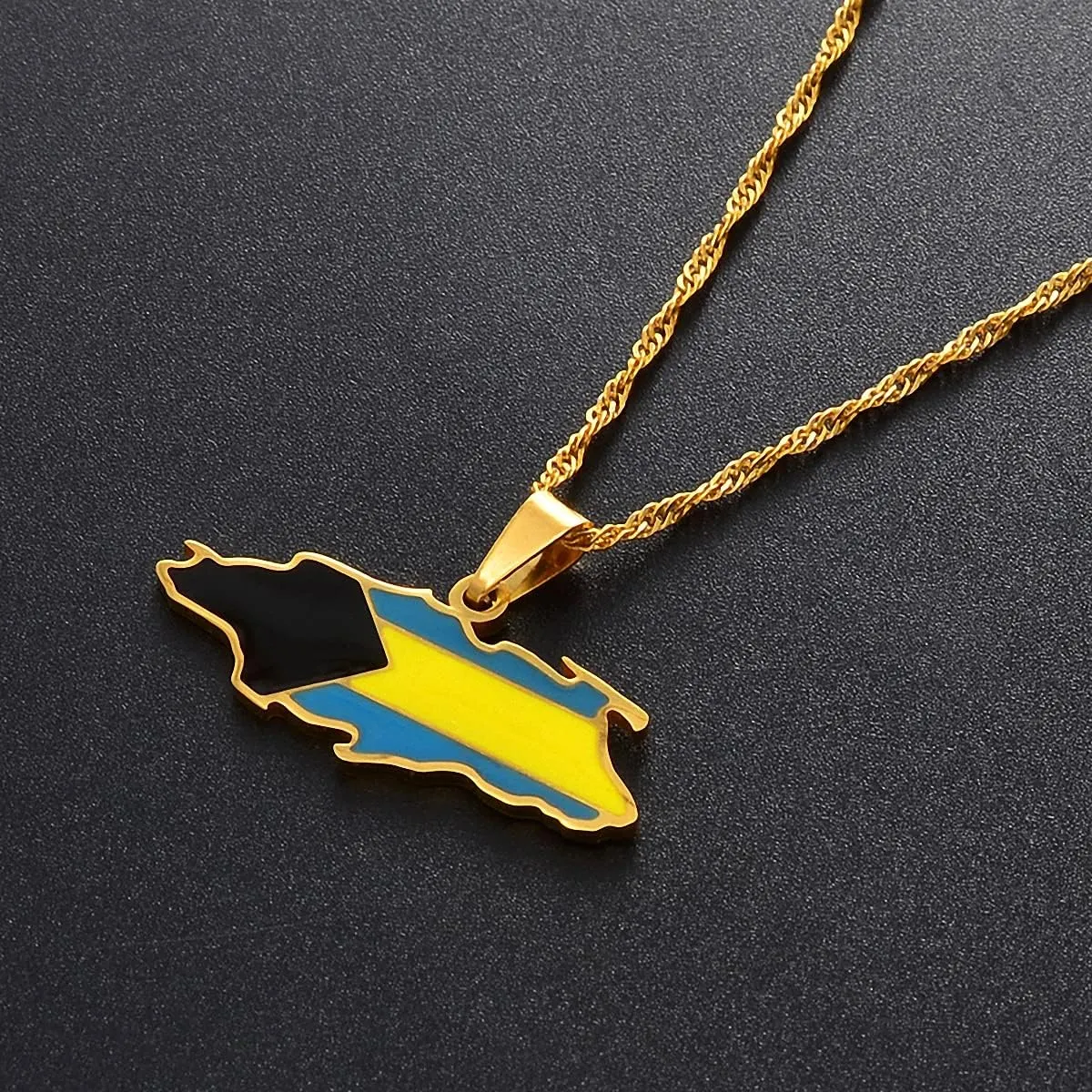Hafrita Bahamas Nassau Island Maps Flag Gold Men Silver Pendants Thin Chain Necklaces