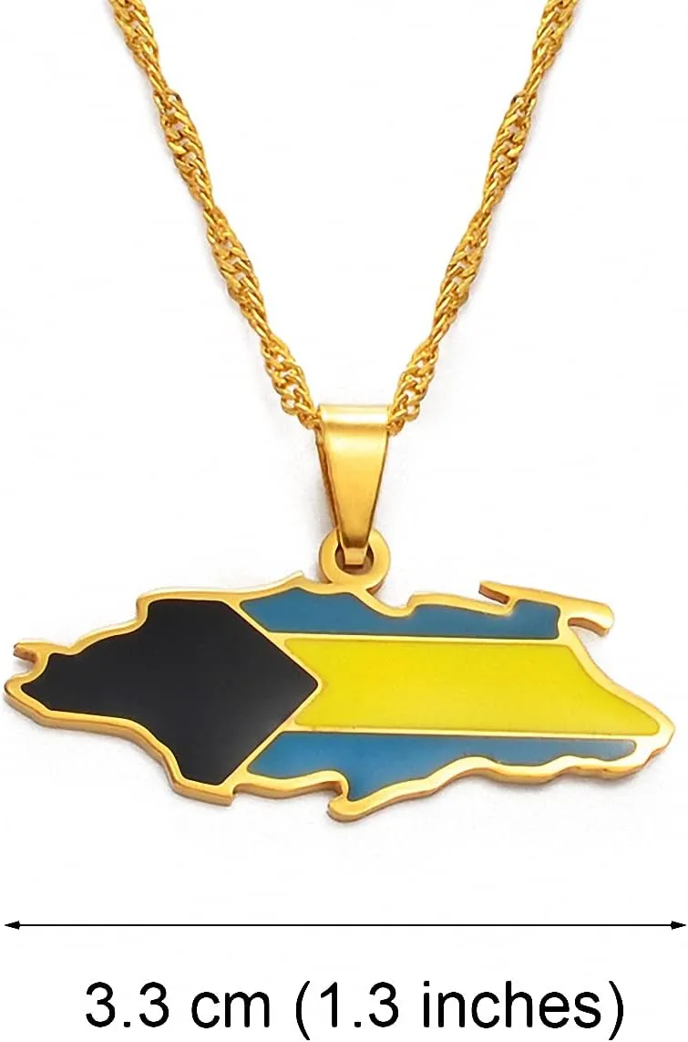 Hafrita Bahamas Nassau Island Maps Flag Gold Men Silver Pendants Thin Chain Necklaces