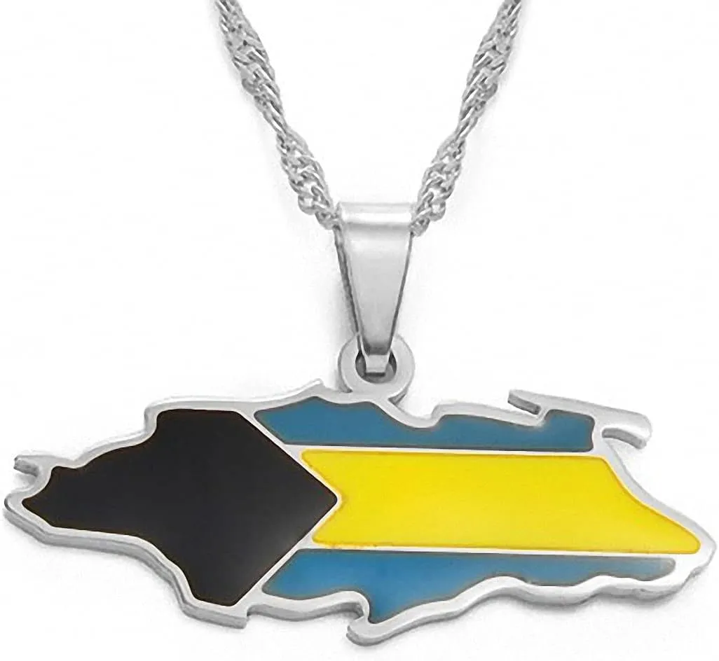 Hafrita Bahamas Nassau Island Maps Flag Gold Men Silver Pendants Thin Chain Necklaces