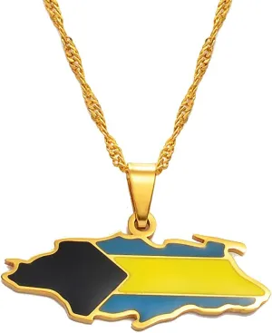 Hafrita Bahamas Nassau Island Maps Flag Gold Men Silver Pendants Thin Chain Necklaces