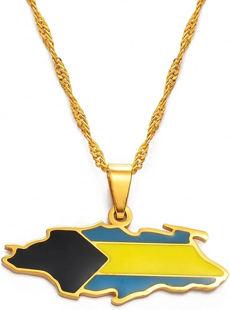 Hafrita Bahamas Nassau Island Maps Flag Gold Men Silver Pendants Thin Chain Necklaces