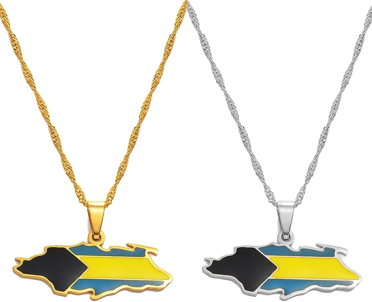 Hafrita Bahamas Nassau Island Maps Flag Gold Men Silver Pendants Thin Chain Necklaces