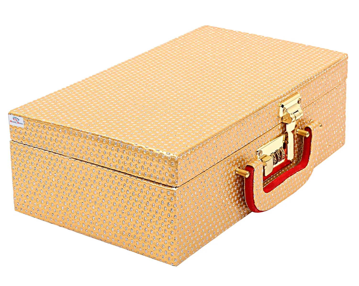Heart Home Stone Design Wooden 2 Rod Bangle Box, Bangle Organizer Box, Watches & Bracelet Organizer With Mirror & Numer Lock System (Gold)-HS_38_HEARTH20949