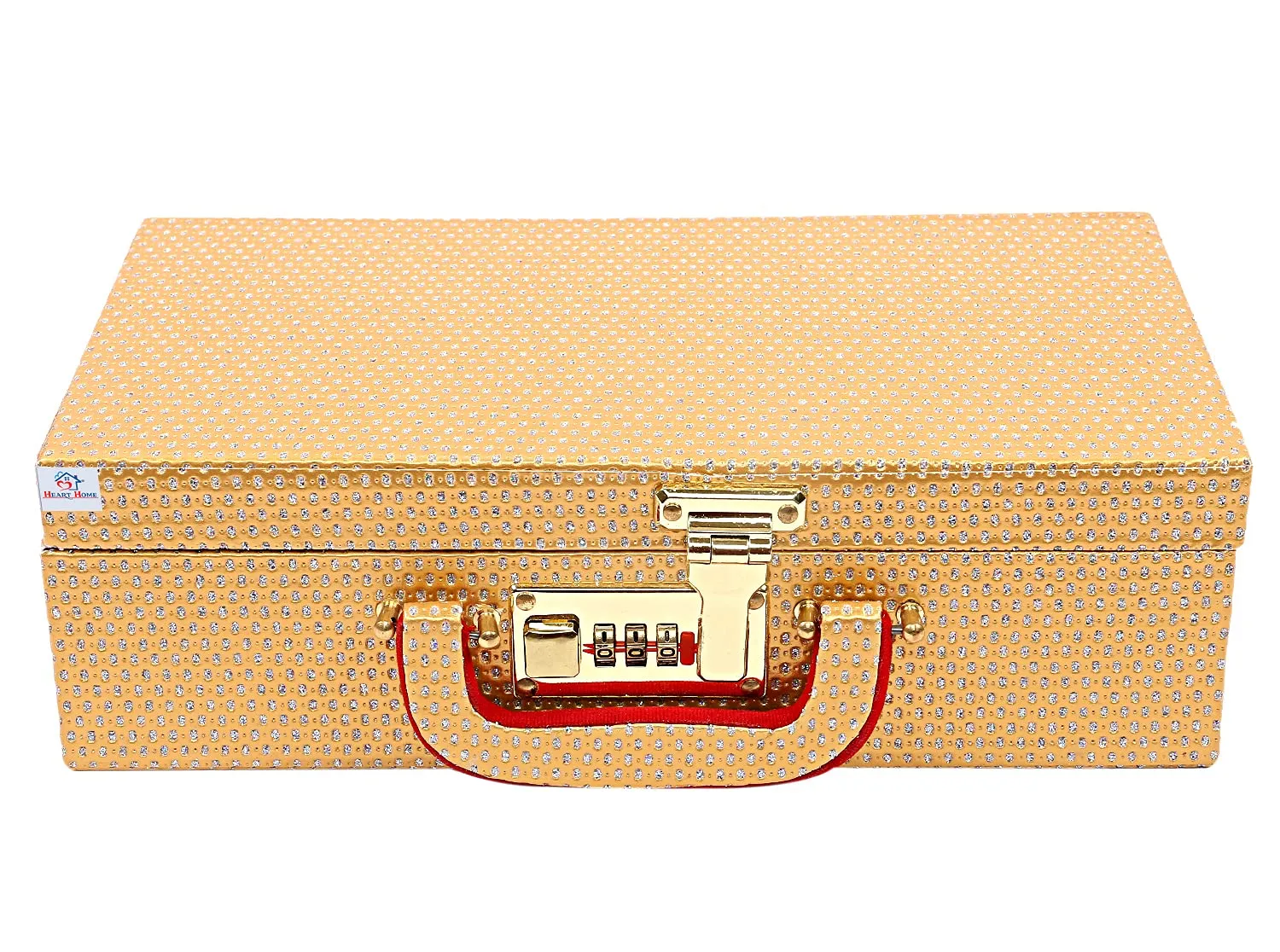 Heart Home Stone Design Wooden 2 Rod Bangle Box, Bangle Organizer Box, Watches & Bracelet Organizer With Mirror & Numer Lock System (Gold)-HS_38_HEARTH20949