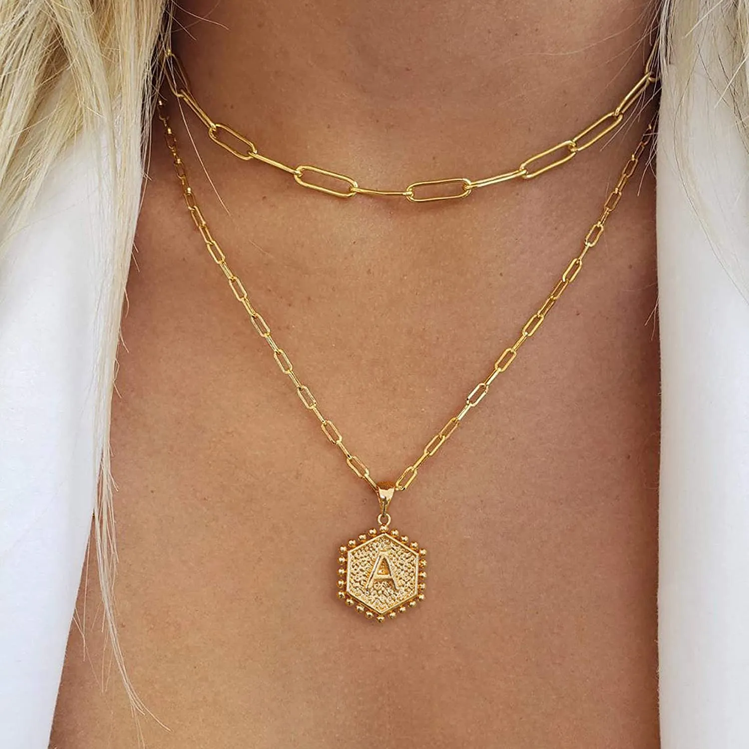 Initial Letter Necklace 14K Gold Plated Paperclip Chain Hexagon Pendant Choker