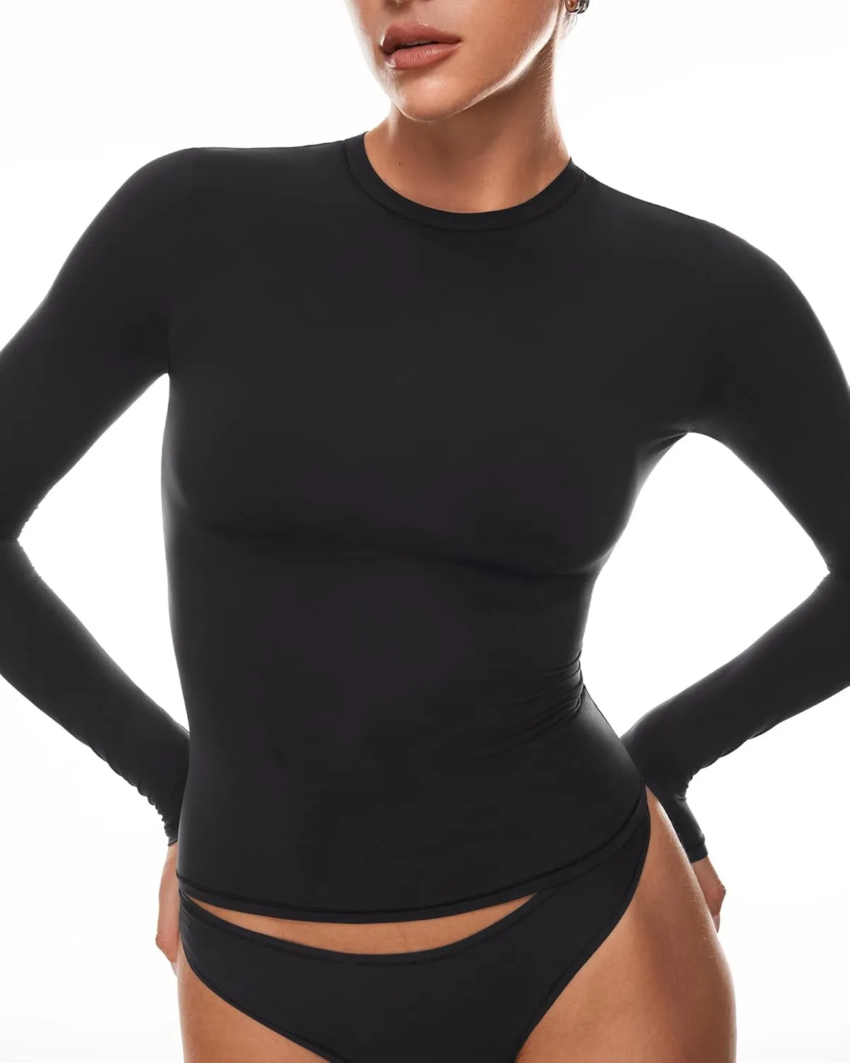 INLYRIC Women's Long Sleeve T-Shirts Crew Neck Basic Fitted Slim Crop Tops Going Out Trendy Tops Spring Tees