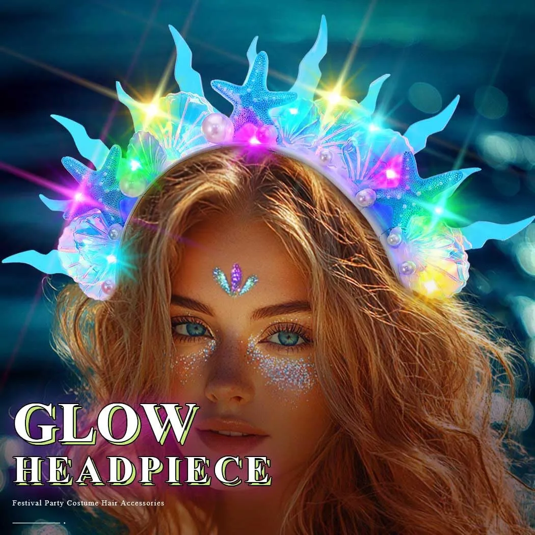 JAKAWIN Light Up Mermaid Costume Headband Ocean Hair Accessories for Women