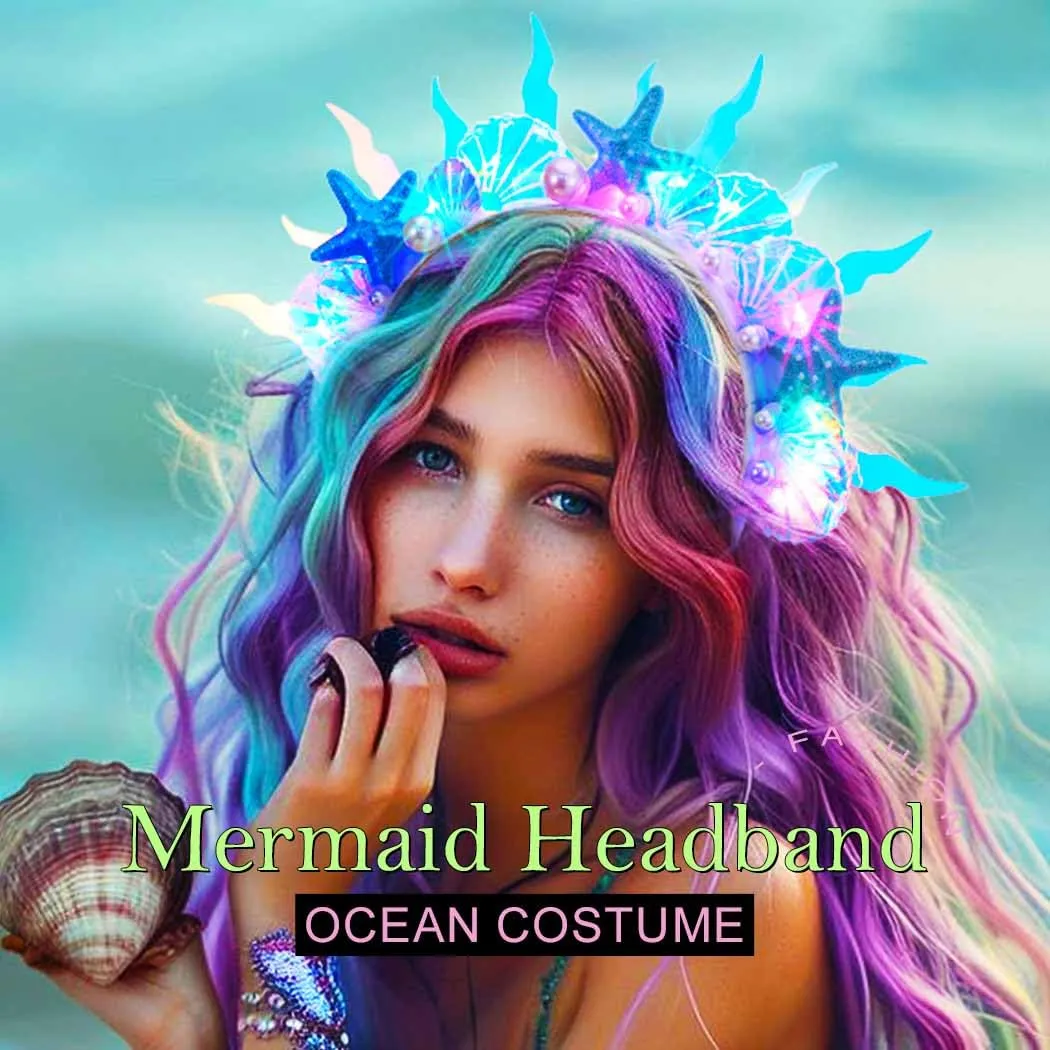 JAKAWIN Light Up Mermaid Costume Headband Ocean Hair Accessories for Women