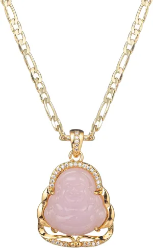 kelistom 18K Gold Plated Buddha Pendant Necklace for Women Men Zircon Inlay Blue Green Pink White Yellow Buddha Head 3MM Flat Figaro Necklace Chain