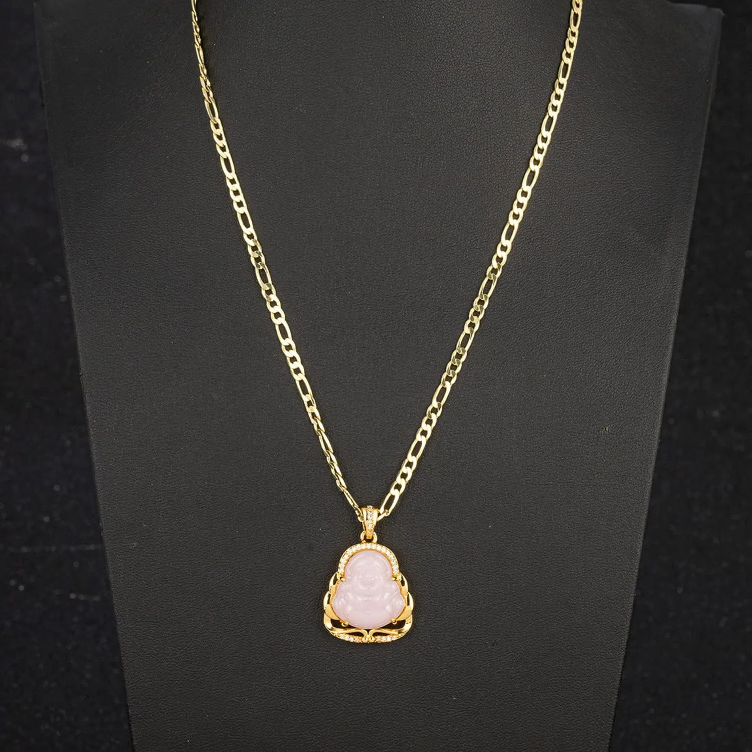 kelistom 18K Gold Plated Buddha Pendant Necklace for Women Men Zircon Inlay Blue Green Pink White Yellow Buddha Head 3MM Flat Figaro Necklace Chain