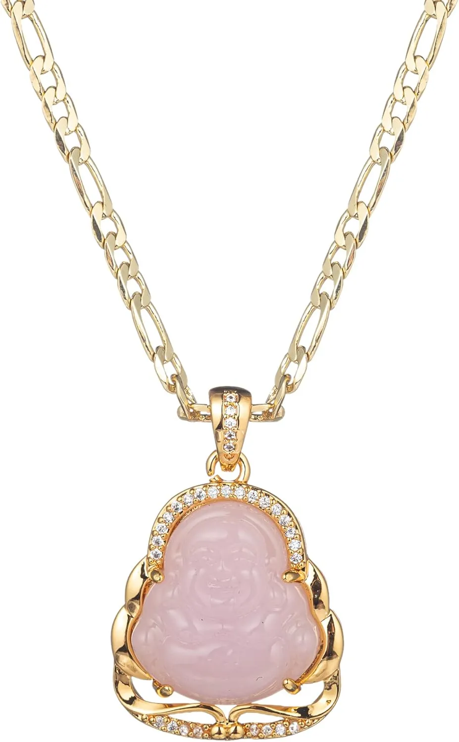 kelistom 18K Gold Plated Buddha Pendant Necklace for Women Men Zircon Inlay Blue Green Pink White Yellow Buddha Head 3MM Flat Figaro Necklace Chain
