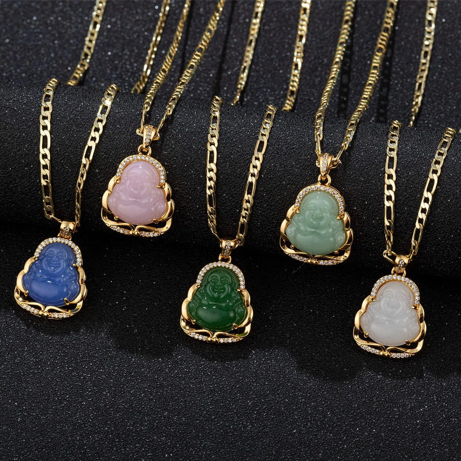 kelistom 18K Gold Plated Buddha Pendant Necklace for Women Men Zircon Inlay Blue Green Pink White Yellow Buddha Head 3MM Flat Figaro Necklace Chain