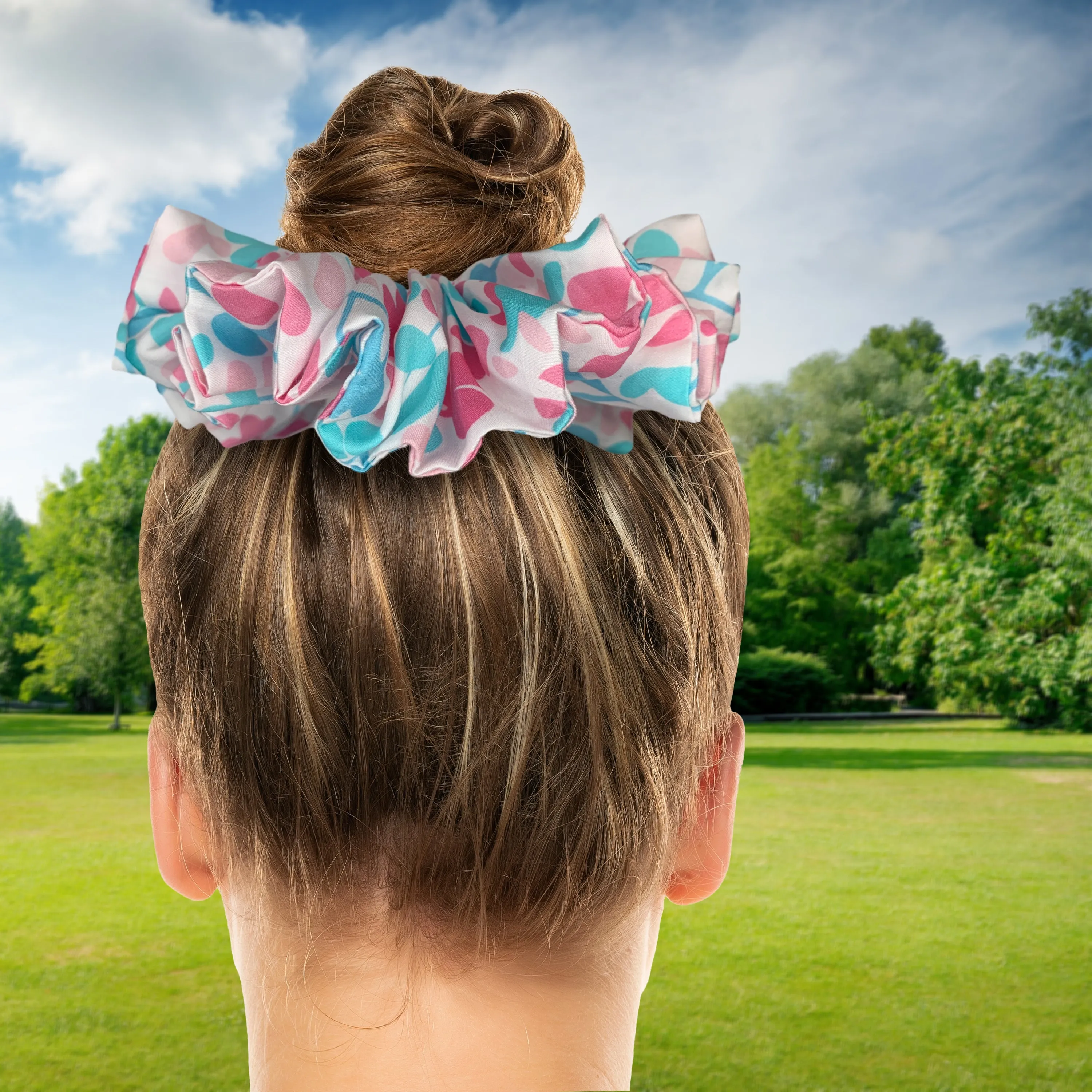 King Size Floral Cotton Scrunchie XXL Ponytail Holder Made in the USA Pink Blue