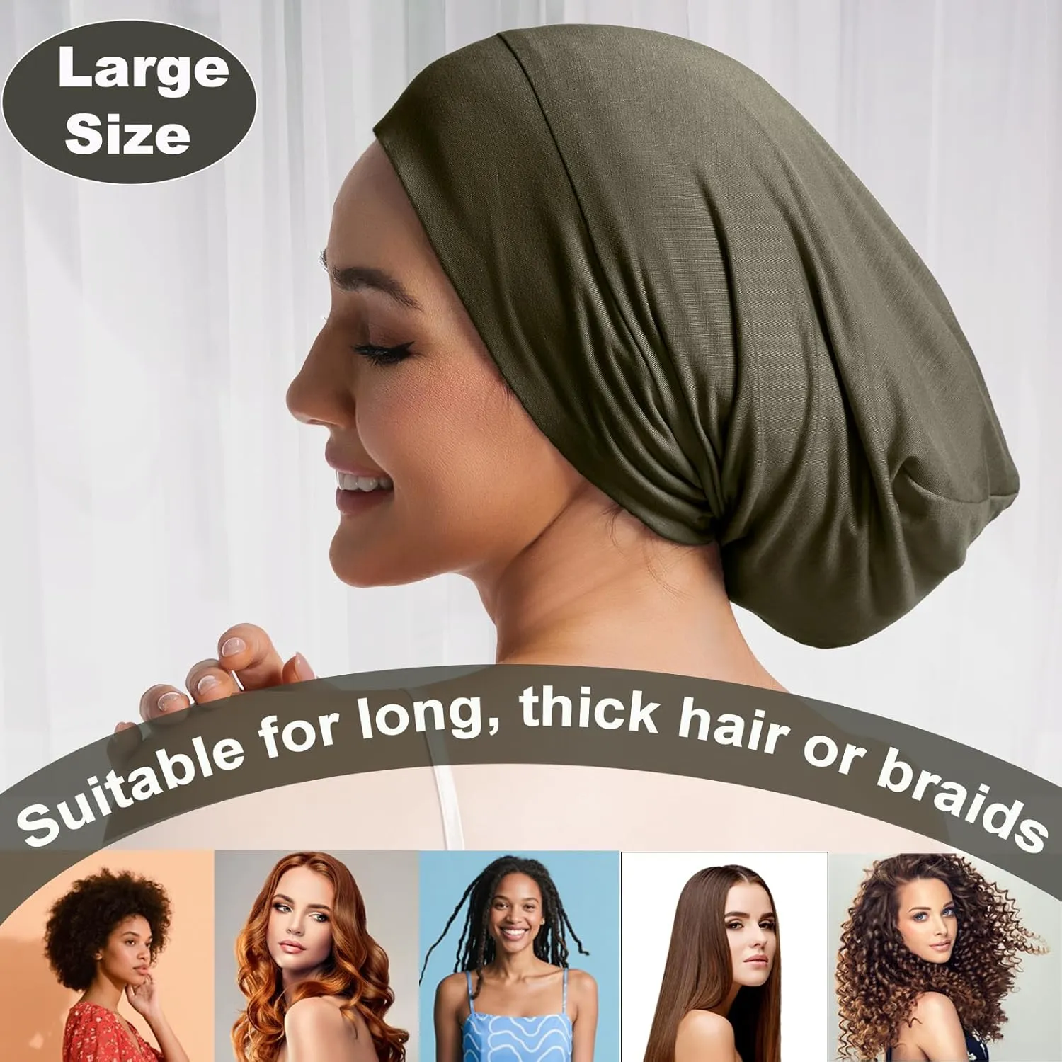 Large Sleep Cap Bonnet for Sleeping Black Women, Adjustable Cooling Ice Silk Lined Bonnet for Curly Hair Braids Beanie Hat