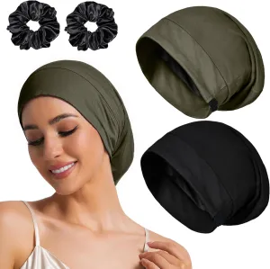 Large Sleep Cap Bonnet for Sleeping Black Women, Adjustable Cooling Ice Silk Lined Bonnet for Curly Hair Braids Beanie Hat