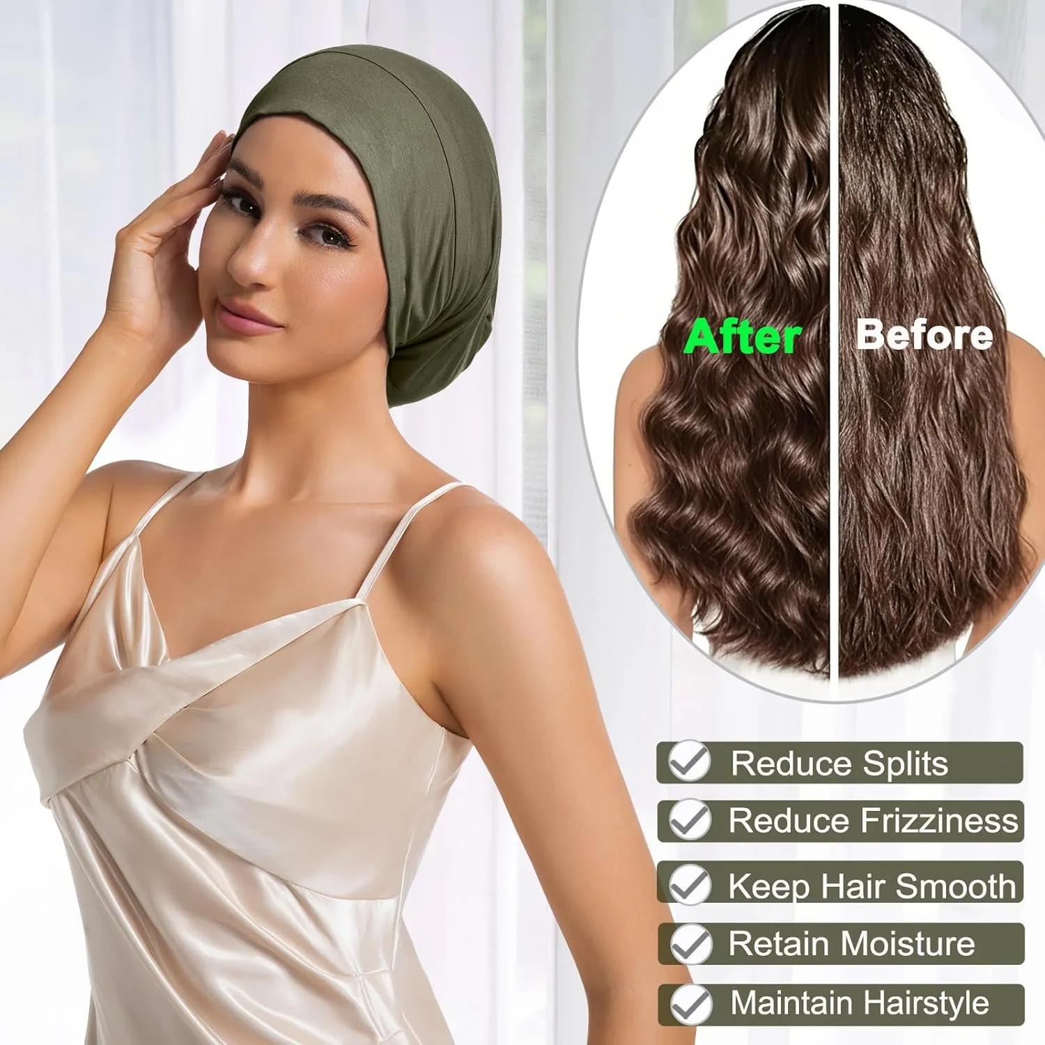 Large Sleep Cap Bonnet for Sleeping Black Women, Adjustable Cooling Ice Silk Lined Bonnet for Curly Hair Braids Beanie Hat