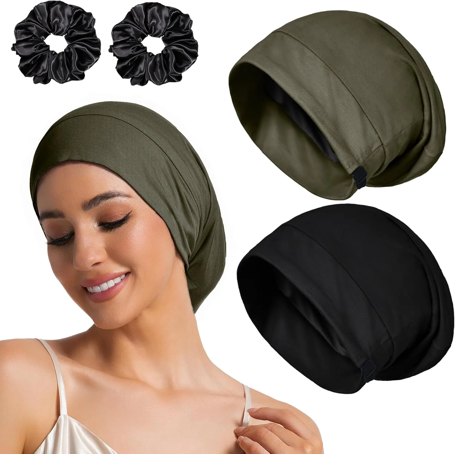 Large Sleep Cap Bonnet for Sleeping Black Women, Adjustable Cooling Ice Silk Lined Bonnet for Curly Hair Braids Beanie Hat