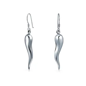 Lucky Italian Horn Cornicello Style  Sterling Silver Dangle Earrings Polished