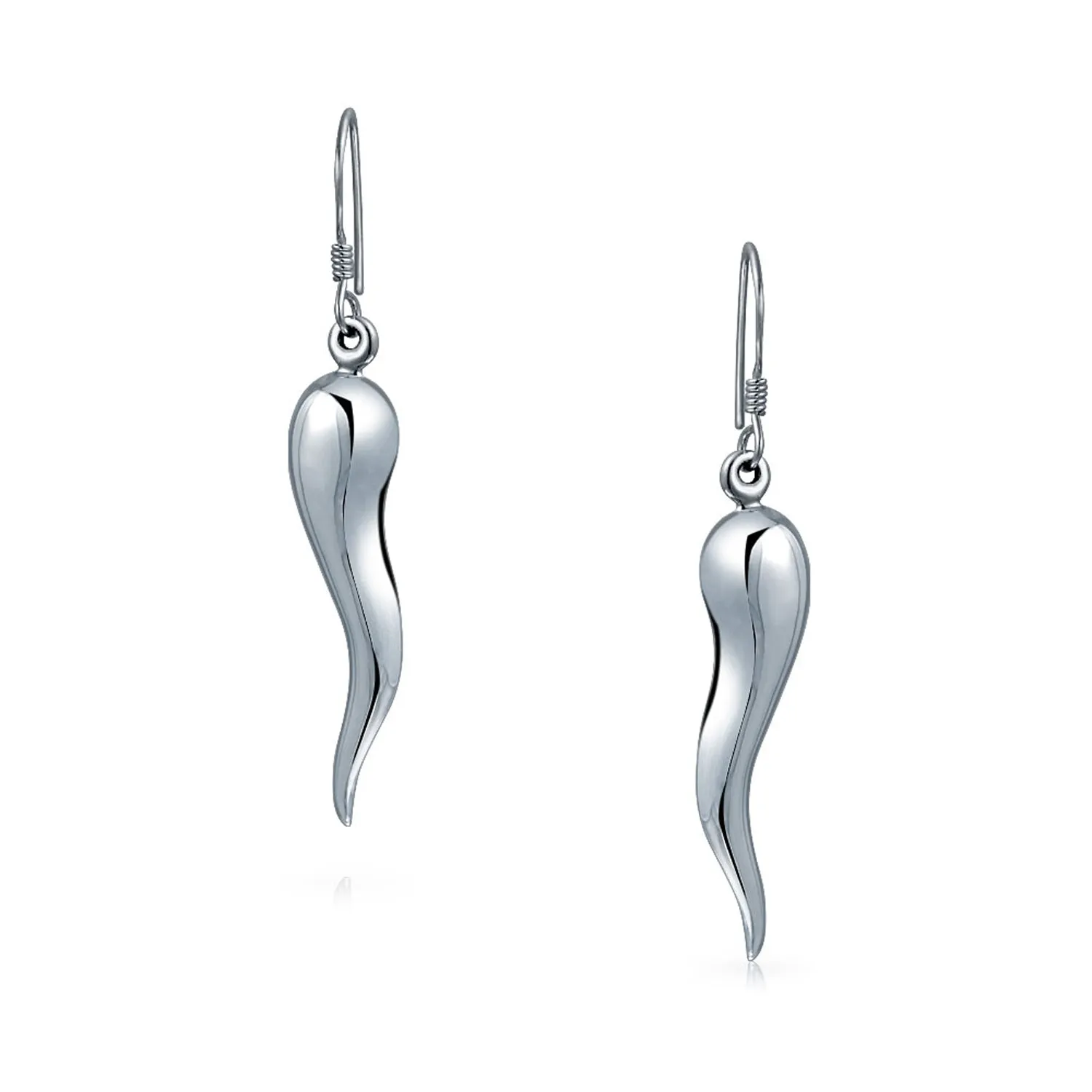 Lucky Italian Horn Cornicello Style  Sterling Silver Dangle Earrings Polished