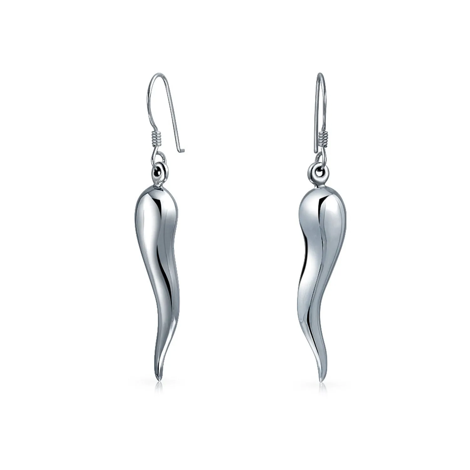 Lucky Italian Horn Cornicello Style  Sterling Silver Dangle Earrings Polished