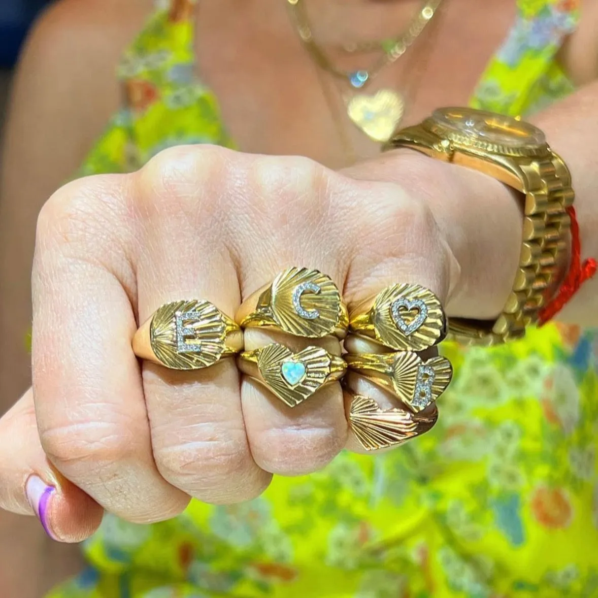 Margie Fluted Heart Signet Ring with Diamond Initial