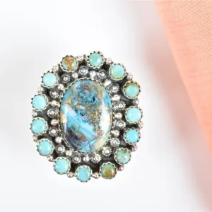 Native American Blue Copper Turquoise And Blue Turquoise Cluster Rings - 925 Sterling Silver Handmade Vintage Rings