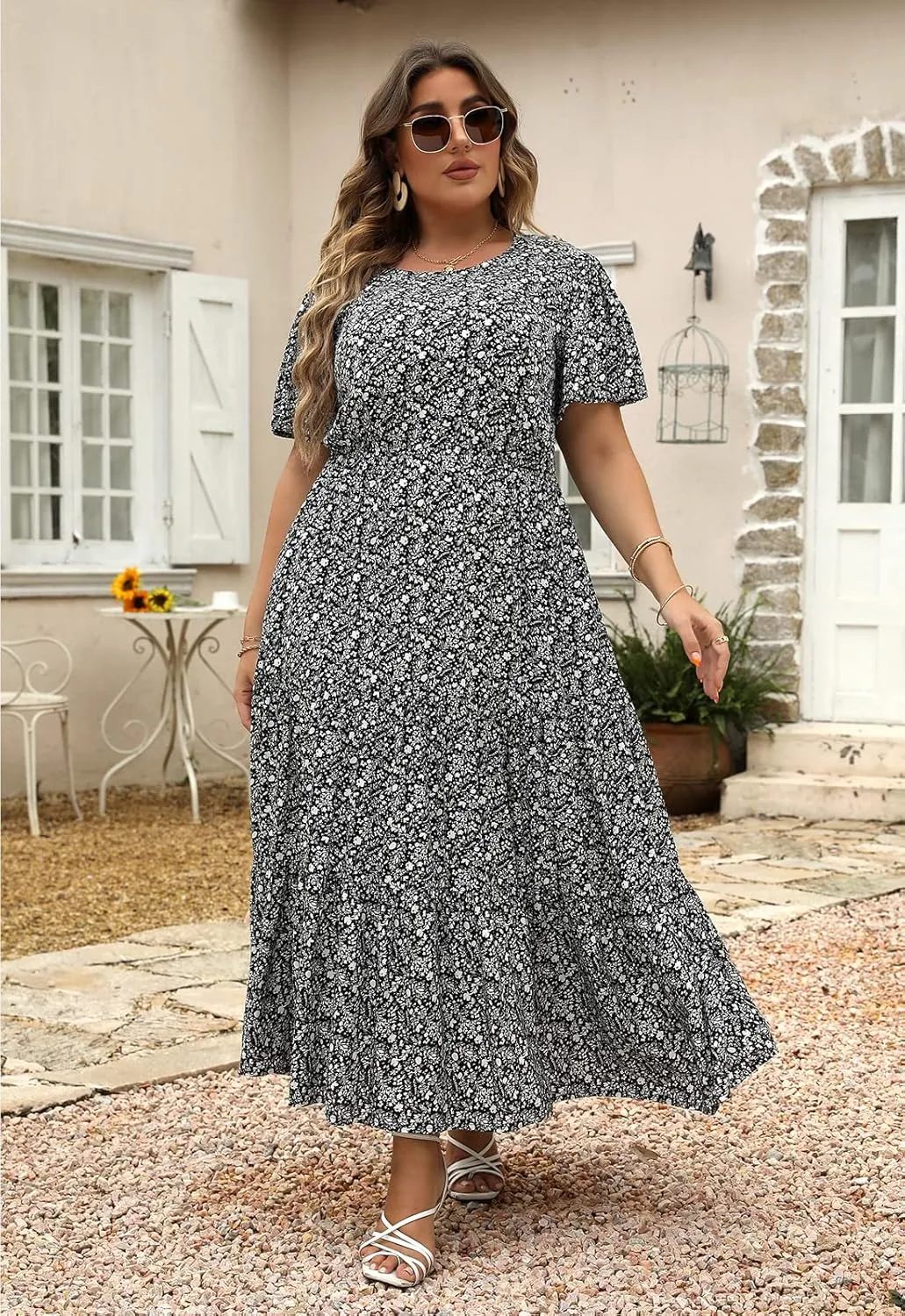 Nemidor Plus Size Maxi Dresses for Curvy Women Summer Casual Boho Ditsy Floral Print Layered Flared Long Dress with Pocket