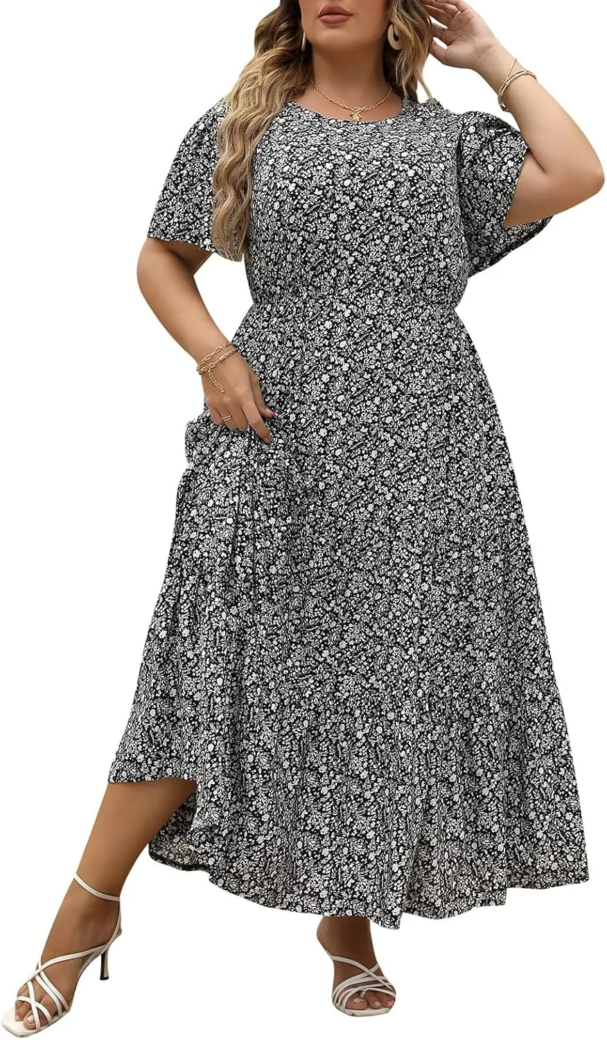 Nemidor Plus Size Maxi Dresses for Curvy Women Summer Casual Boho Ditsy Floral Print Layered Flared Long Dress with Pocket