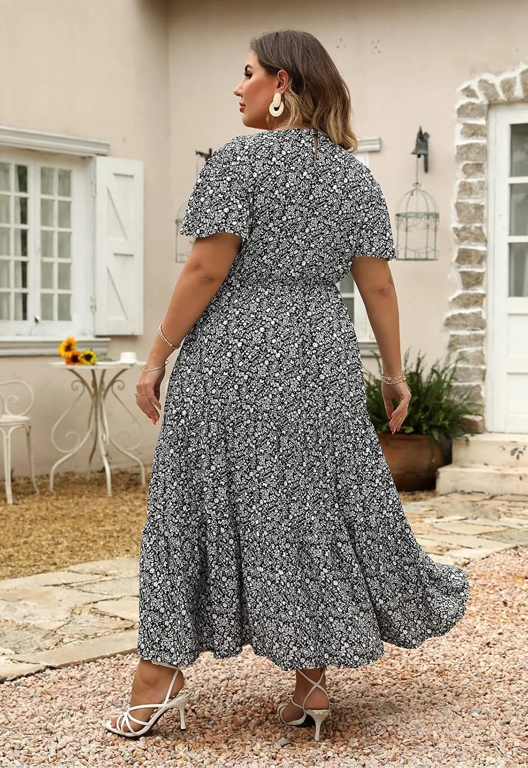 Nemidor Plus Size Maxi Dresses for Curvy Women Summer Casual Boho Ditsy Floral Print Layered Flared Long Dress with Pocket