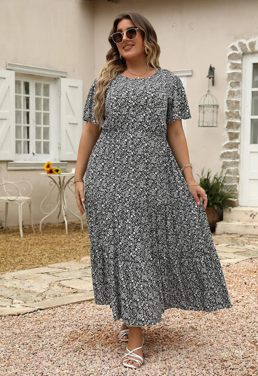 Nemidor Plus Size Maxi Dresses for Curvy Women Summer Casual Boho Ditsy Floral Print Layered Flared Long Dress with Pocket