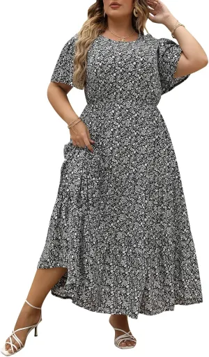 Nemidor Plus Size Maxi Dresses for Curvy Women Summer Casual Boho Ditsy Floral Print Layered Flared Long Dress with Pocket