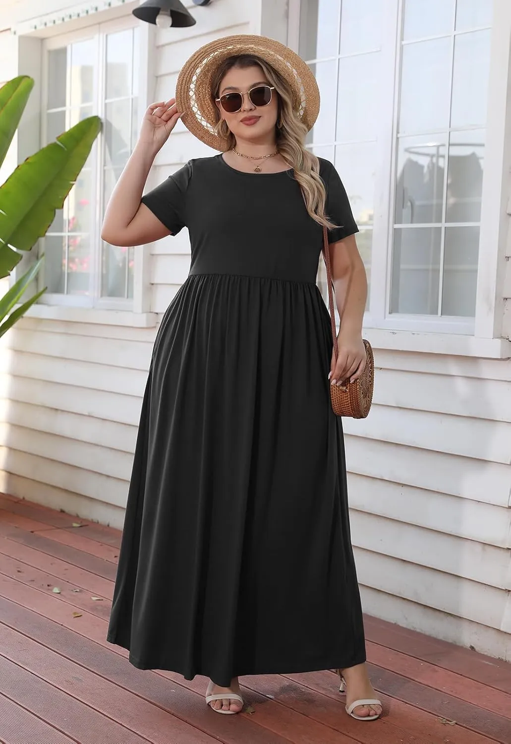 Nemidor Plus Size Maxi Dresses for Curvy Women Summer Casual Loose Short Sleeve Long Beach Dress with Pocket