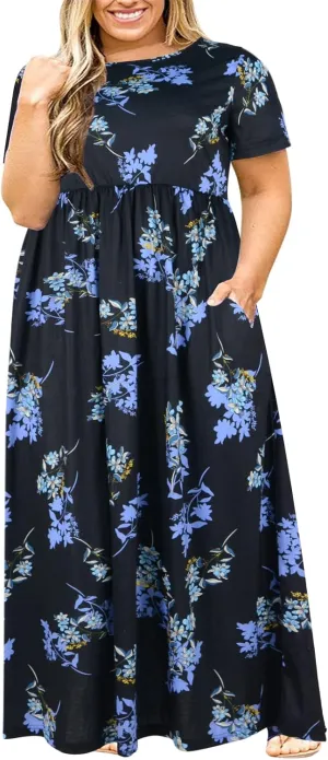 Nemidor Plus Size Maxi Dresses for Curvy Women Summer Casual Loose Short Sleeve Long Beach Dress with Pocket