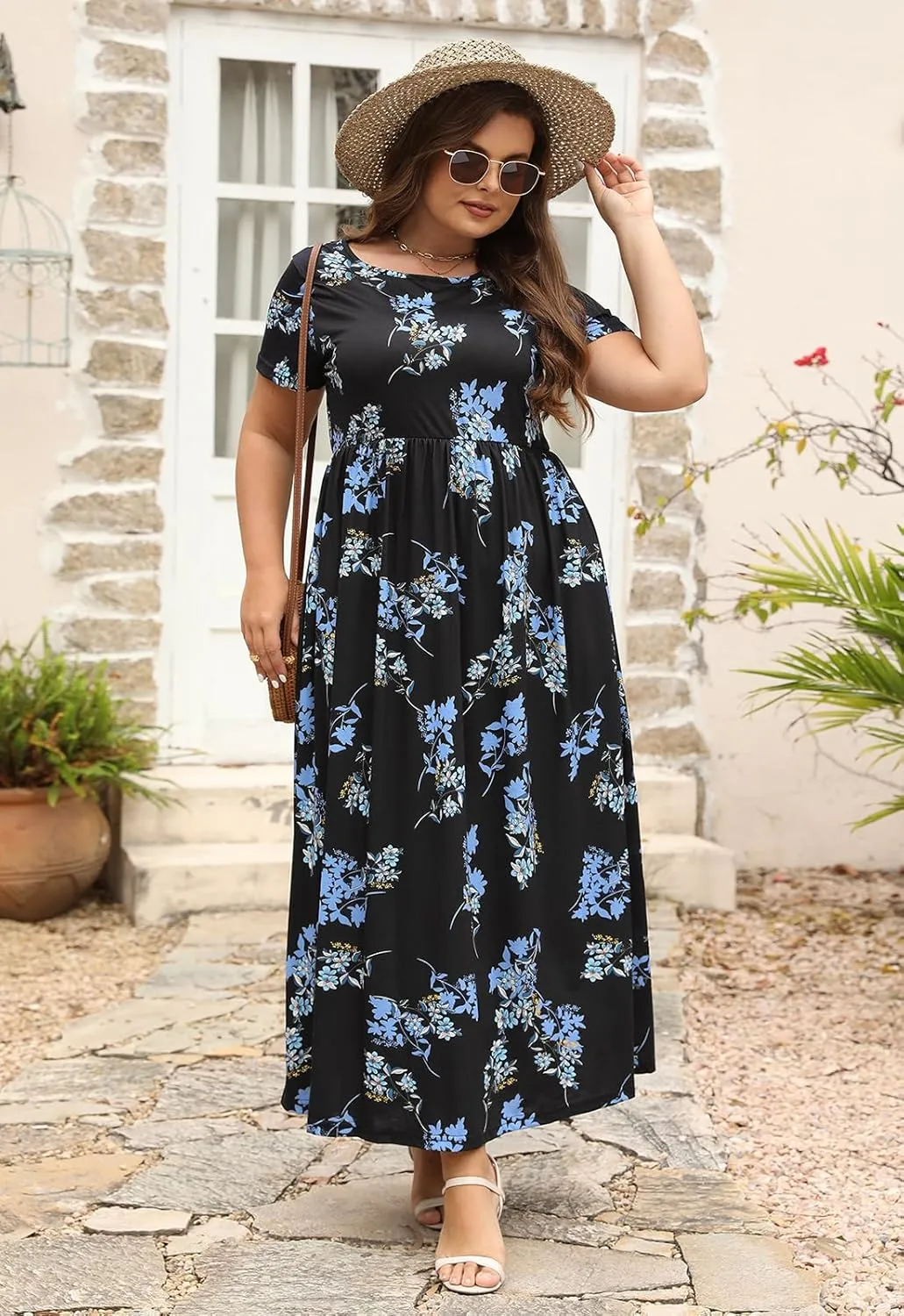 Nemidor Plus Size Maxi Dresses for Curvy Women Summer Casual Loose Short Sleeve Long Beach Dress with Pocket