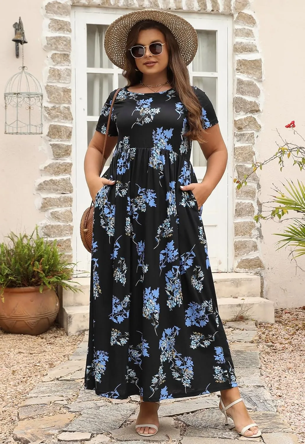 Nemidor Plus Size Maxi Dresses for Curvy Women Summer Casual Loose Short Sleeve Long Beach Dress with Pocket
